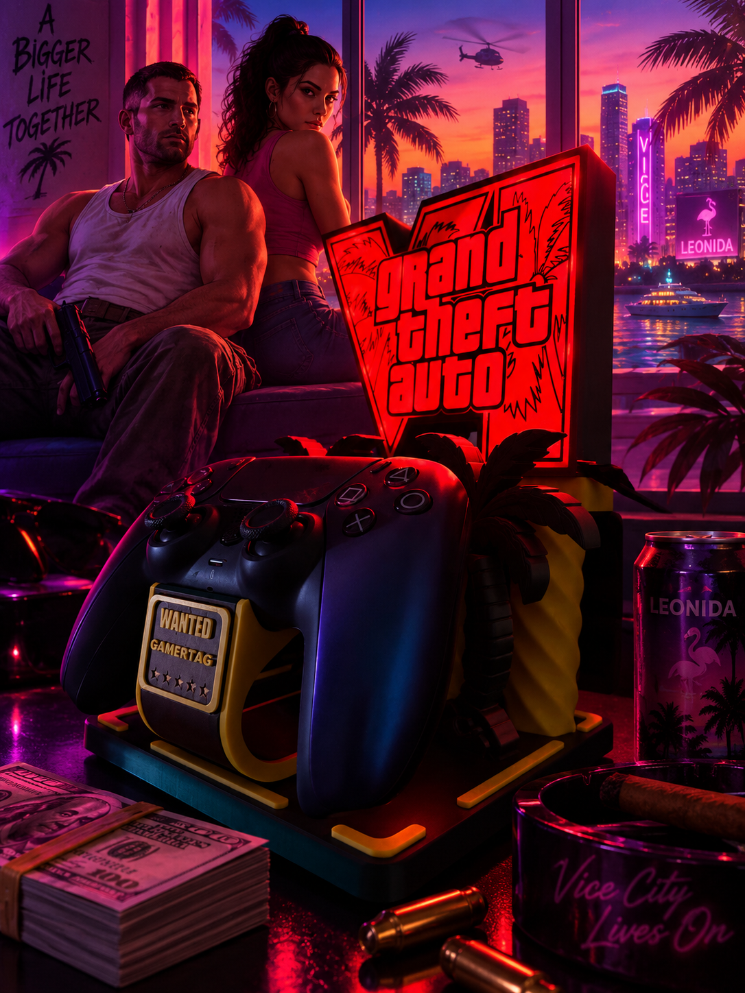 🌆 Supporto controller Lampada LED RGB GTA VI Vice City (con Telecomando e Gamertag Personalizzabile)